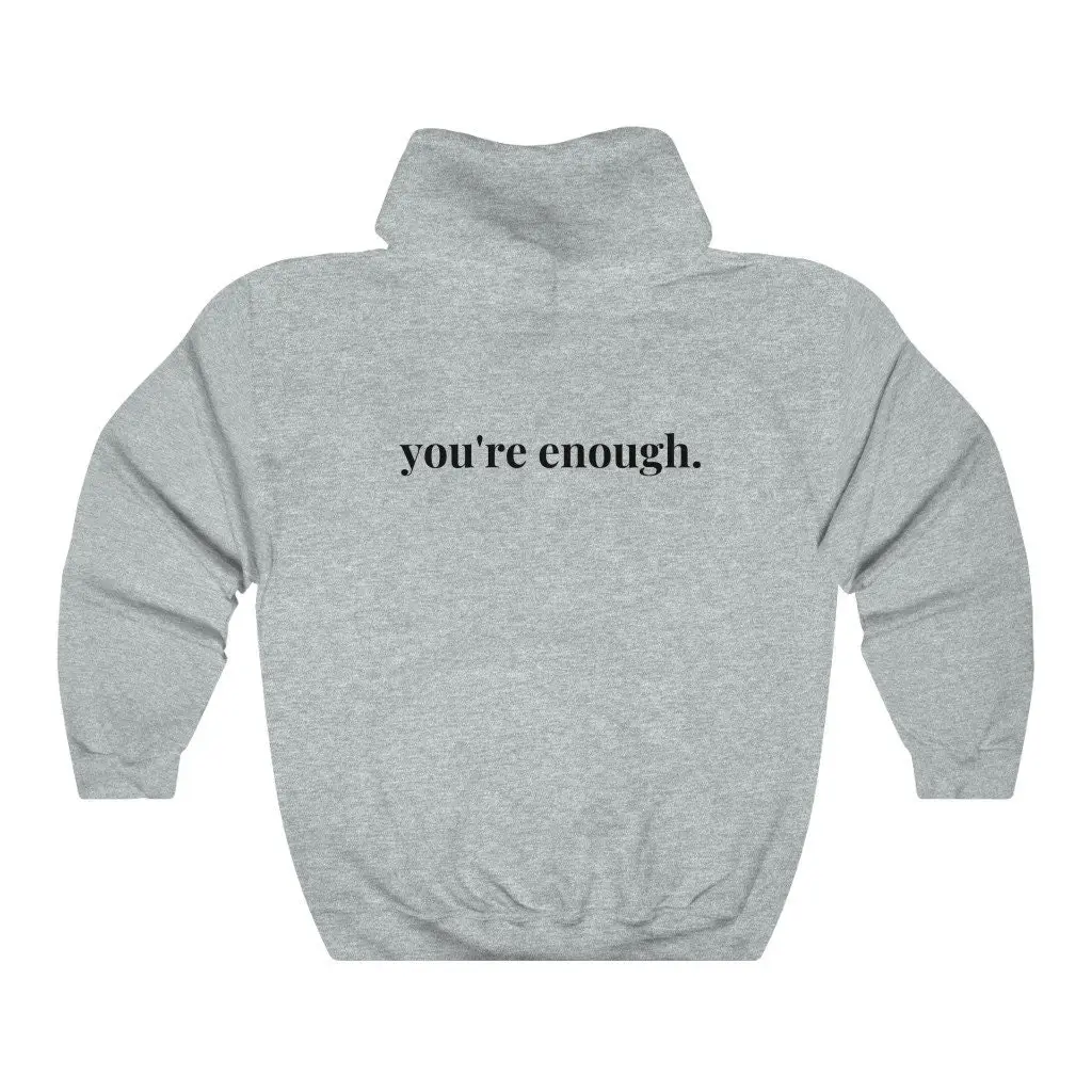 You're Enough Printed Back Casual Hooded Pocket Sweater - Grey