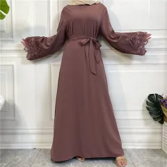 Women's Solid Colour Long-sleeved Dress With Floral Lace Zipper - Purple - View 1