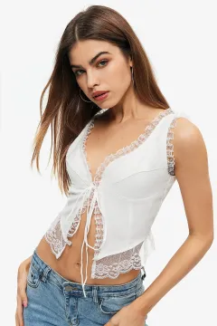 Slub Lace Edge Lace-up Vest Women's Top - White - View 1