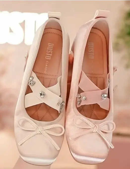 French Gentle Style Satin Ballet Flats, Wedge Heel Square Toe Shoes With Rhinestone Bow & Crisscross Straps, Shallow Mouth Pumps