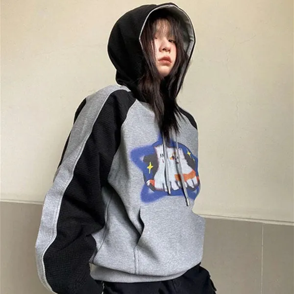Women's Loose American Retro Starry Cat Sweater Gray - Shop at LoveMi