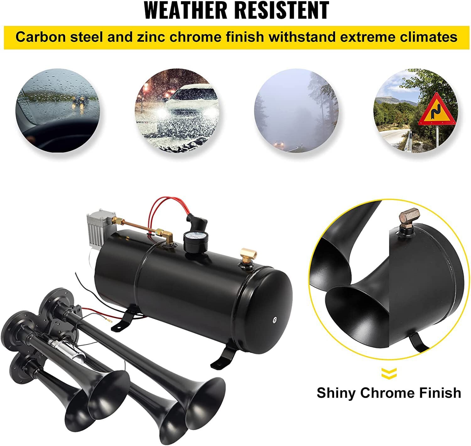Air Horn Truck Train Horns Kit 12 Volt With Compressor 4 Trumpet 150db Black — image 3