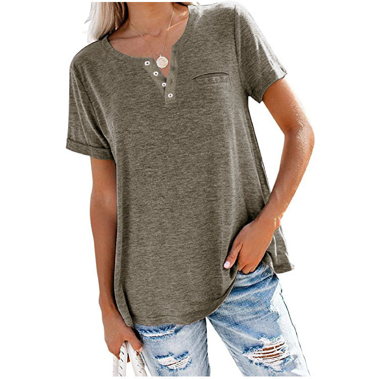 Women's Fashion Top V-Neck Short Sleeve Pocket Loose T-Shirt