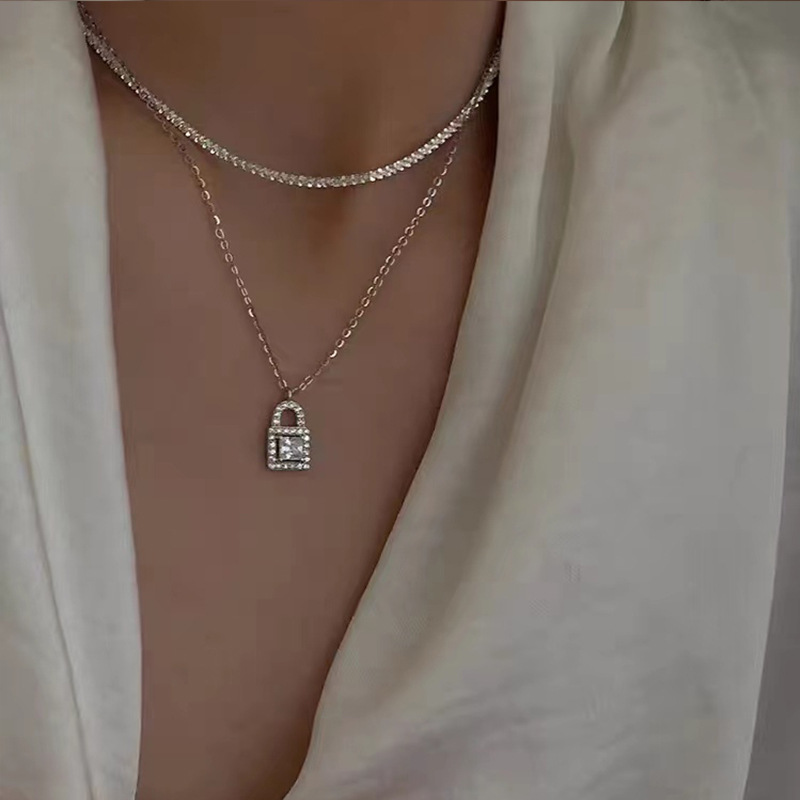 Korea S925 Sterling Silver Light Luxury Zircon Small Lock Necklace Women