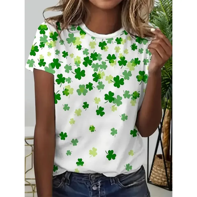 Women's Stylish Shamrock Pattern Crew Neck Tee Breathable Summer Casual Top White - Shop at LoveMi