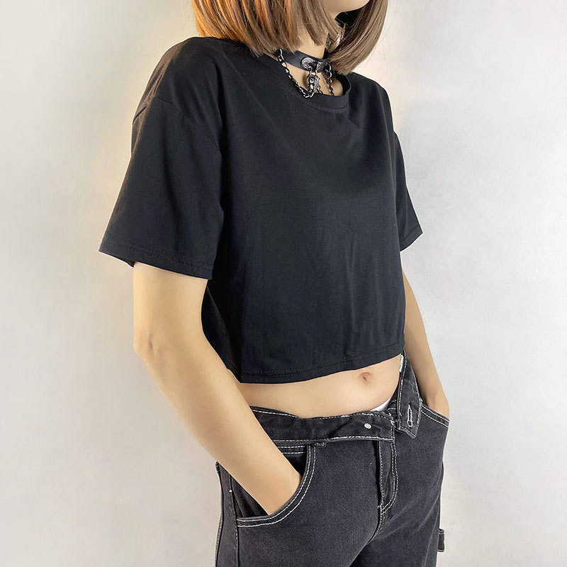 Black Lace Butterfly Belly Button Cropped T-shirt