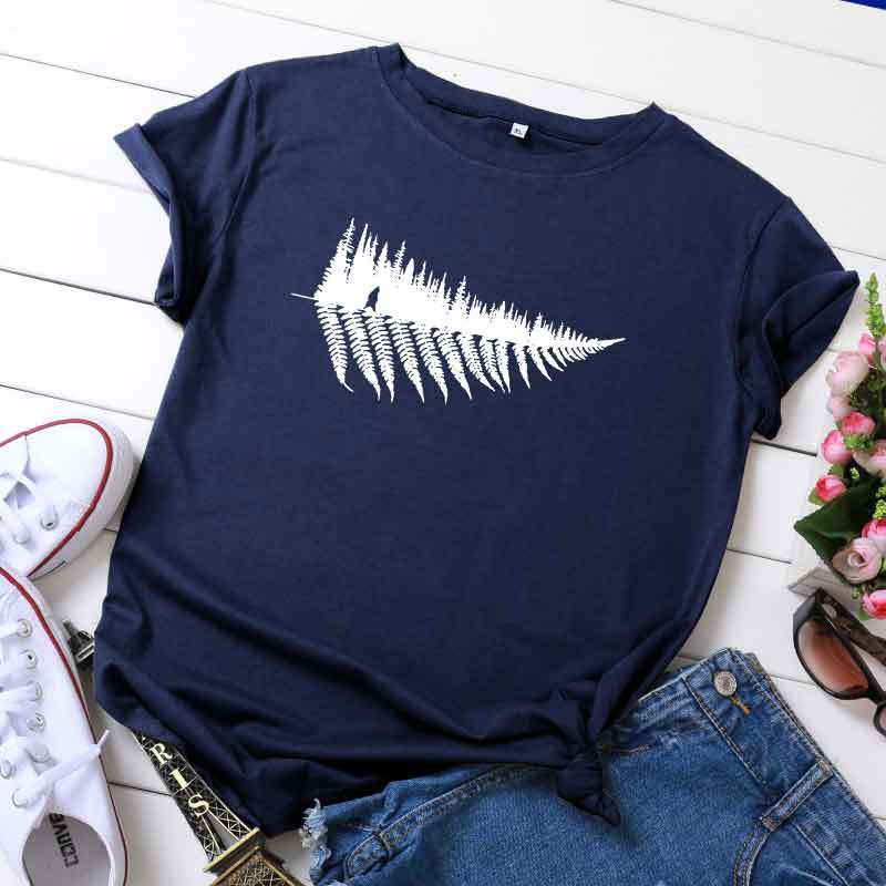 Women's Leaf Pattern Print Crew Neck Cotton Short Sleeves