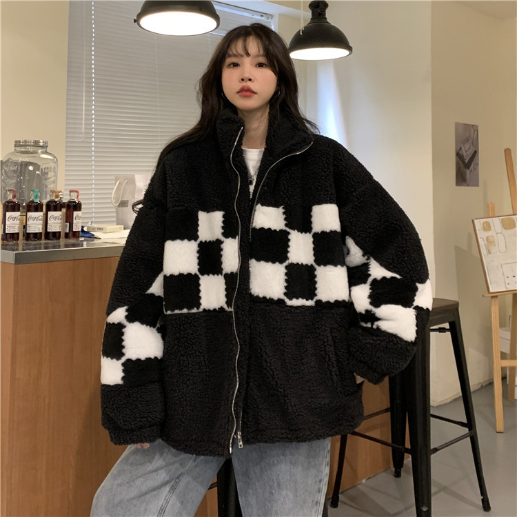 Women's Contrast Color Lamb Wool Cotton Coat Black Without Cotton - Shop at LoveMi