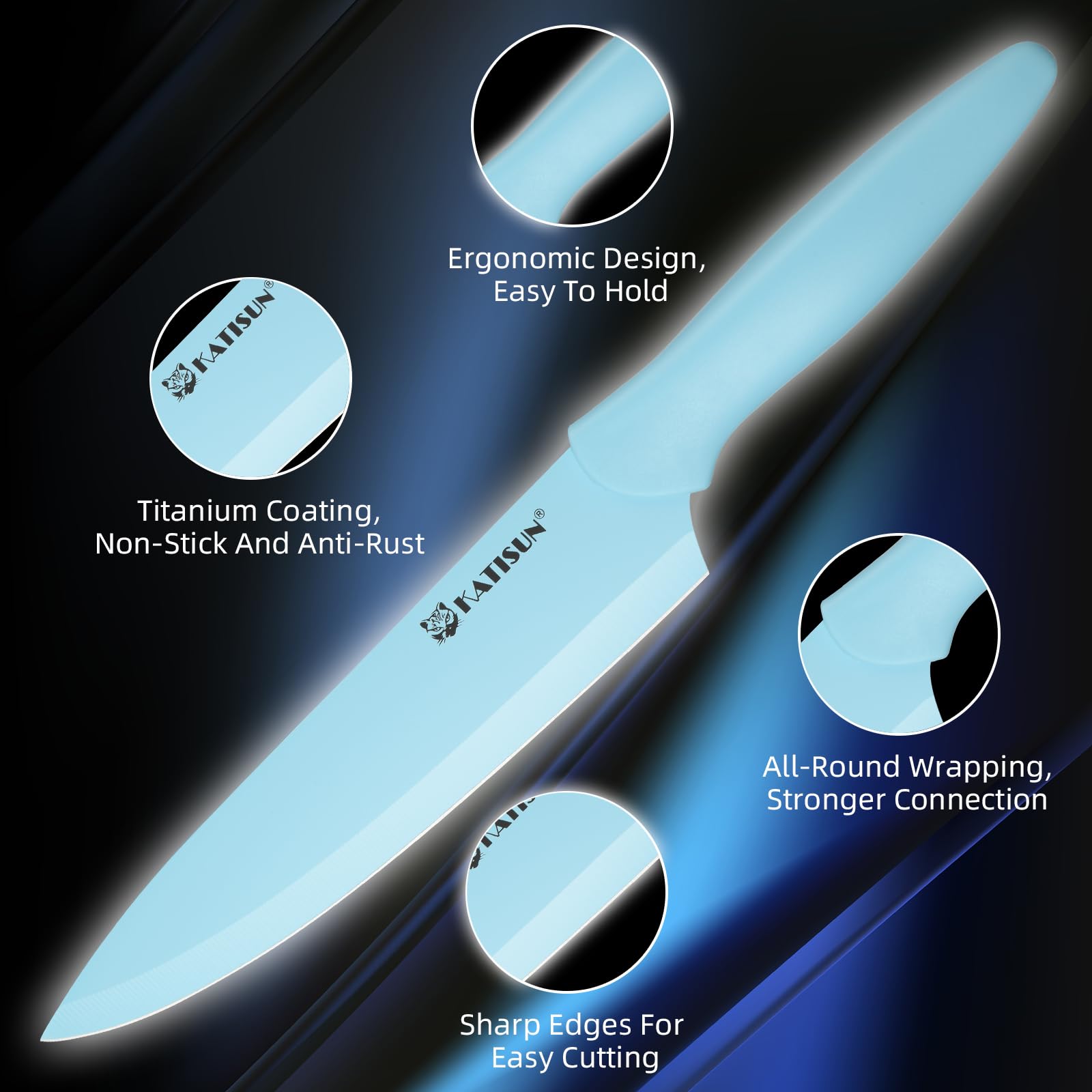 Kitchen Knife Set With Guards, 13 Piece Blue Non-Stick Stainless Steel Boxed Knives Set, Anti-Rust And Dishwasher Safe, 6 Knives With 6 Blade Covers And Kitchen Shears 3