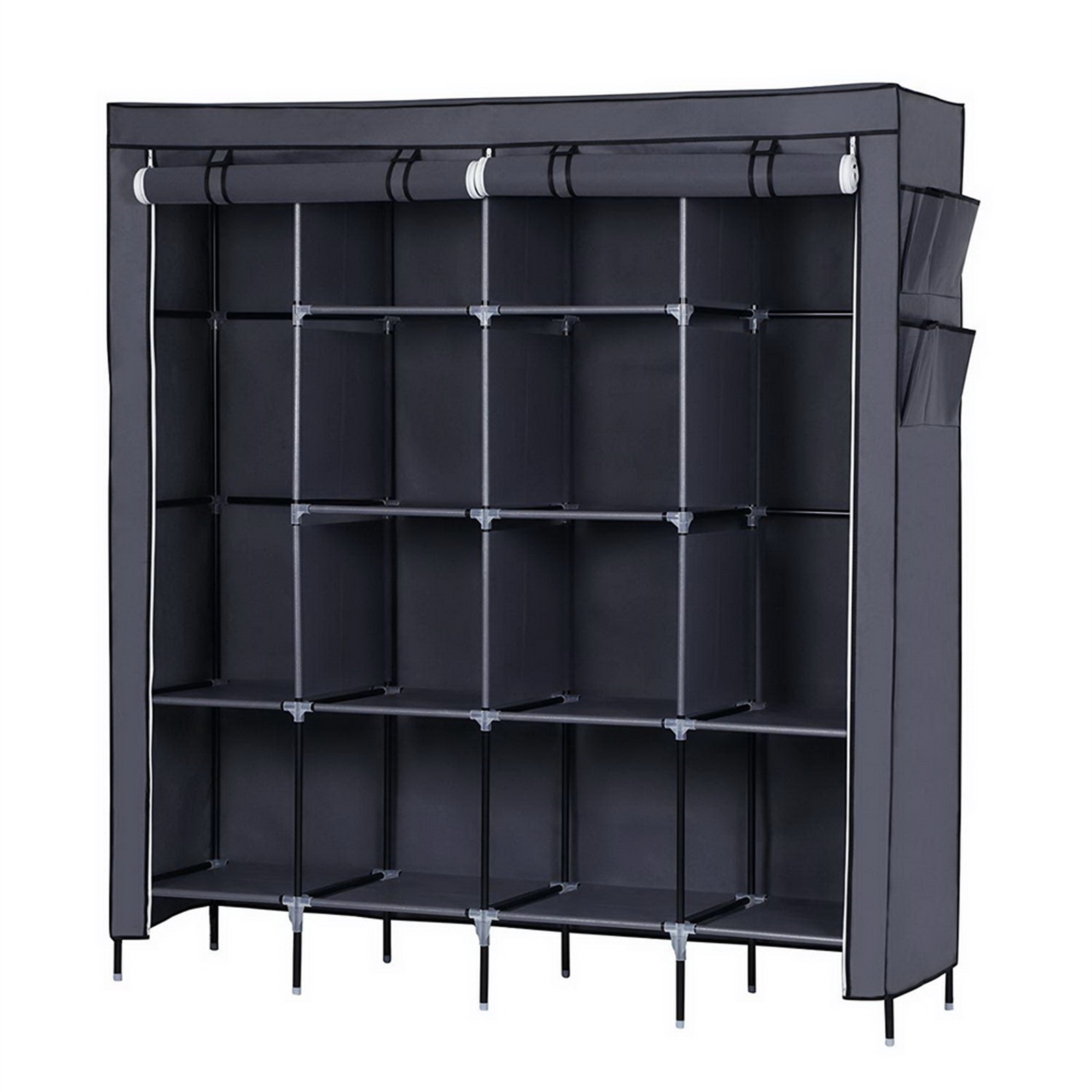 67 Inch Clothes Closet Portable Wardrobe Clothes Storage Rack 12 Shelves 4 Side Pockets Gray
