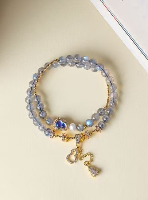 Natural Grey Moonstone  Pearl Bracelet Gourd Fu Lu Two Tone Beaded Chain Energy Jewelry For Women