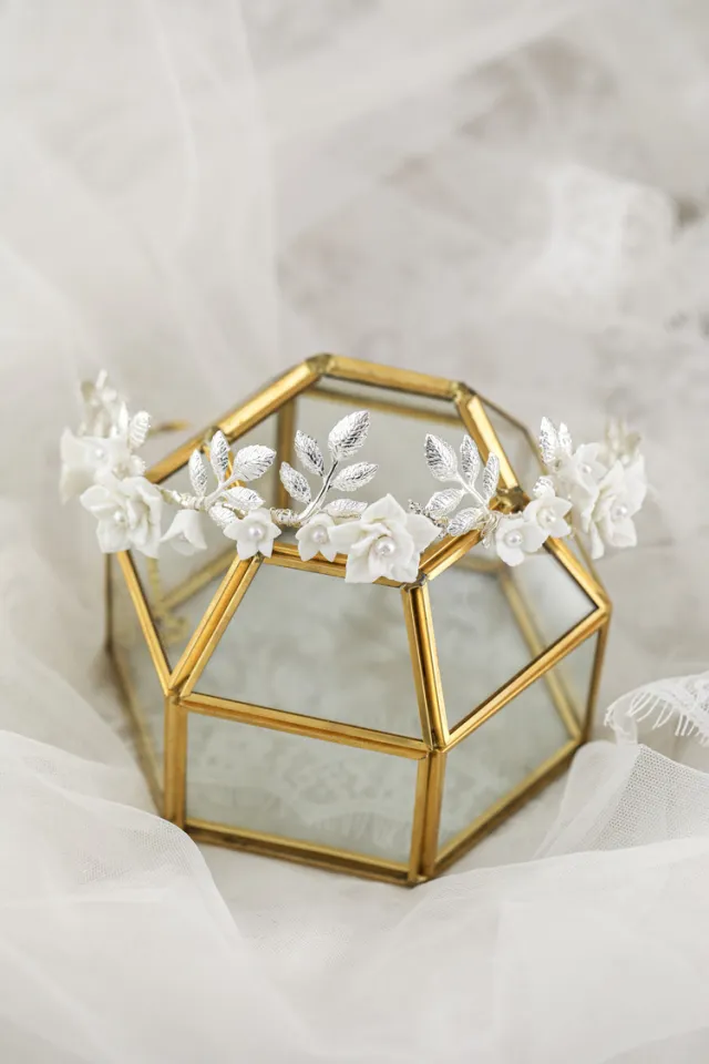 Hair Band Gold Leaf Silver Leaf White Flower Ceramic Hair Accessories Silver - Shop at LoveMi