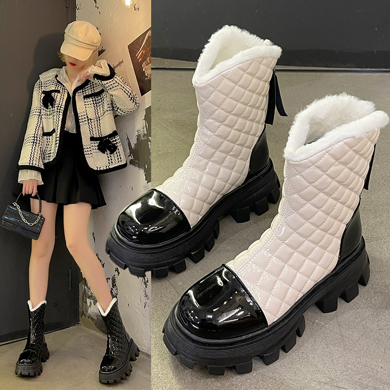 Color Matching Casual Thick Heel Plus Velvet To Keep Warm