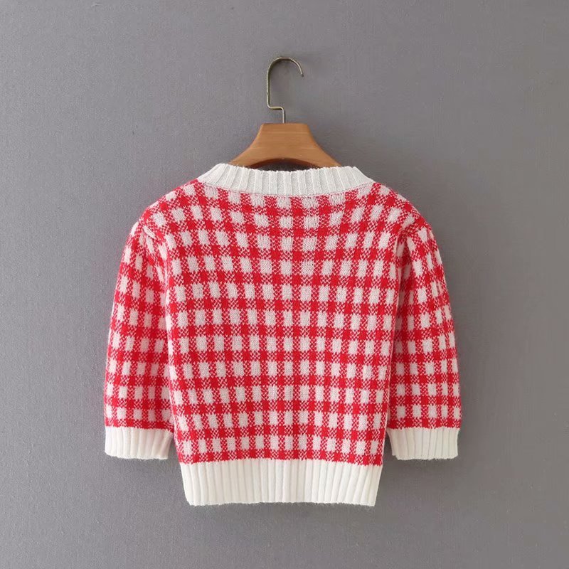 Contrast Check Round Neck Five Point Sleeve Top