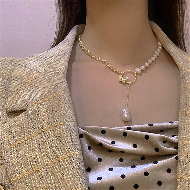 European And American Retro Pearl Stitching Metal Chain Necklace