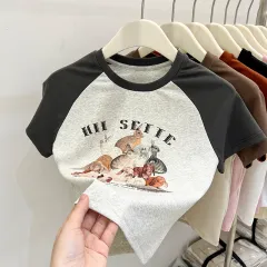 Women's Fashion Retro Cotton Short Sleeve T-shirt Top - Gray - View 1