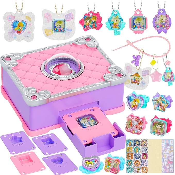 Girls Jewelry Making Kit DIY Arts And Crafts Gifts Necklace Pendant and Bracelet Crafting Set Versatile Magic Sticker Machine Magic Book Children's DIY Making Christmas Gift Jewelry Gift Set For Kids G