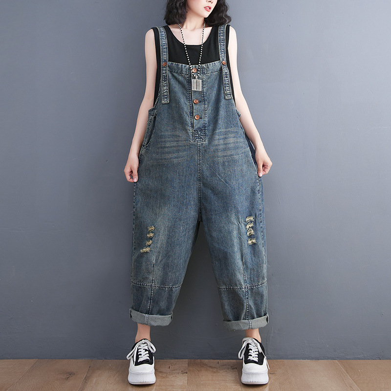 Large Size Women's Literary Retro Loose Ripped Denim Overalls
