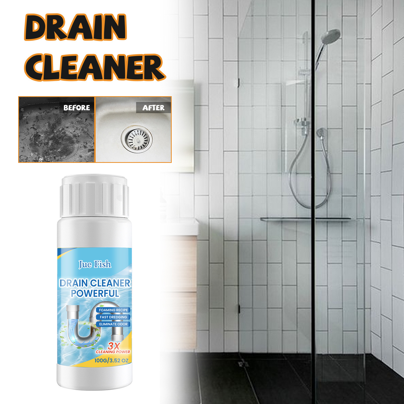 Jue-Fish Drain Cleaner Dissolves Grease In Drain Pipes, Unclogs Kitchen, Toilet, And Floor Drains, And Removes Odors. 4