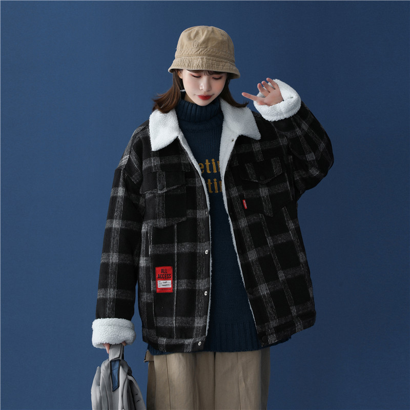 Men's Plaid Woolen Lamb Wool Padded Coat