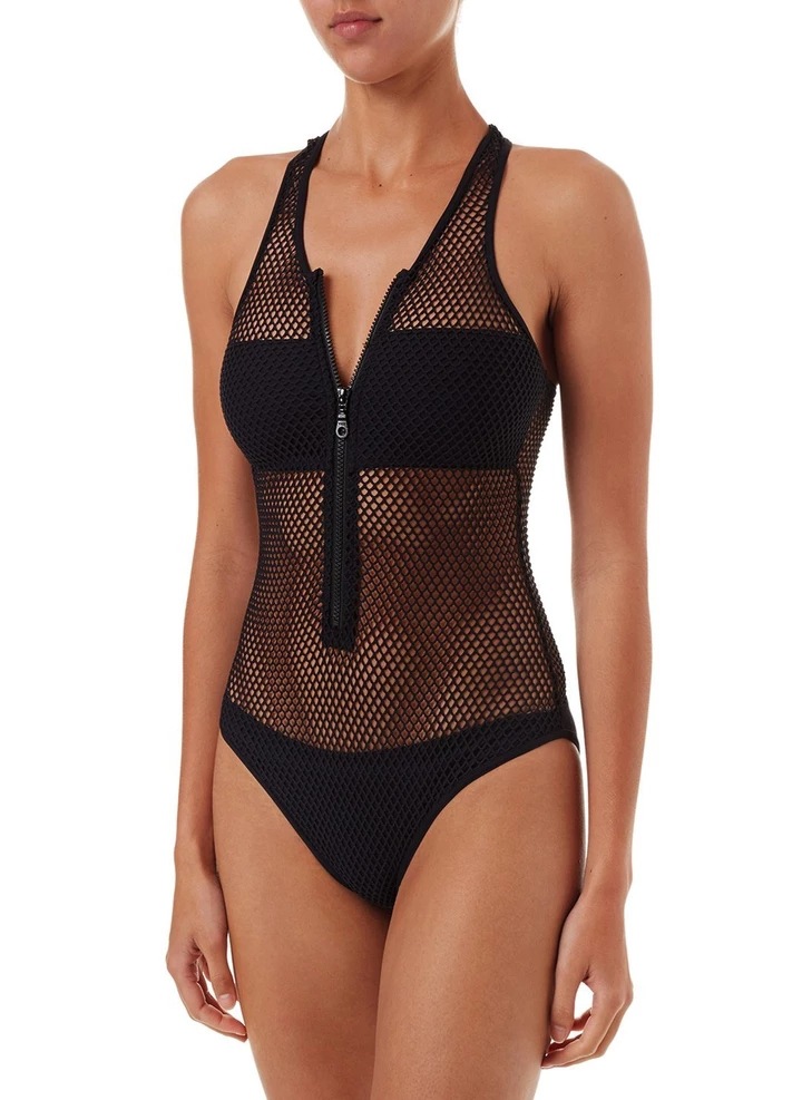 Mesh Cutout Zipper Triangle One Piece Swimsuit