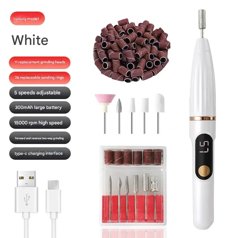 Electric Nail File Compact Nail Removal Tool Portable LCD Electric Nail Clipper Electric Nail Buffer - White