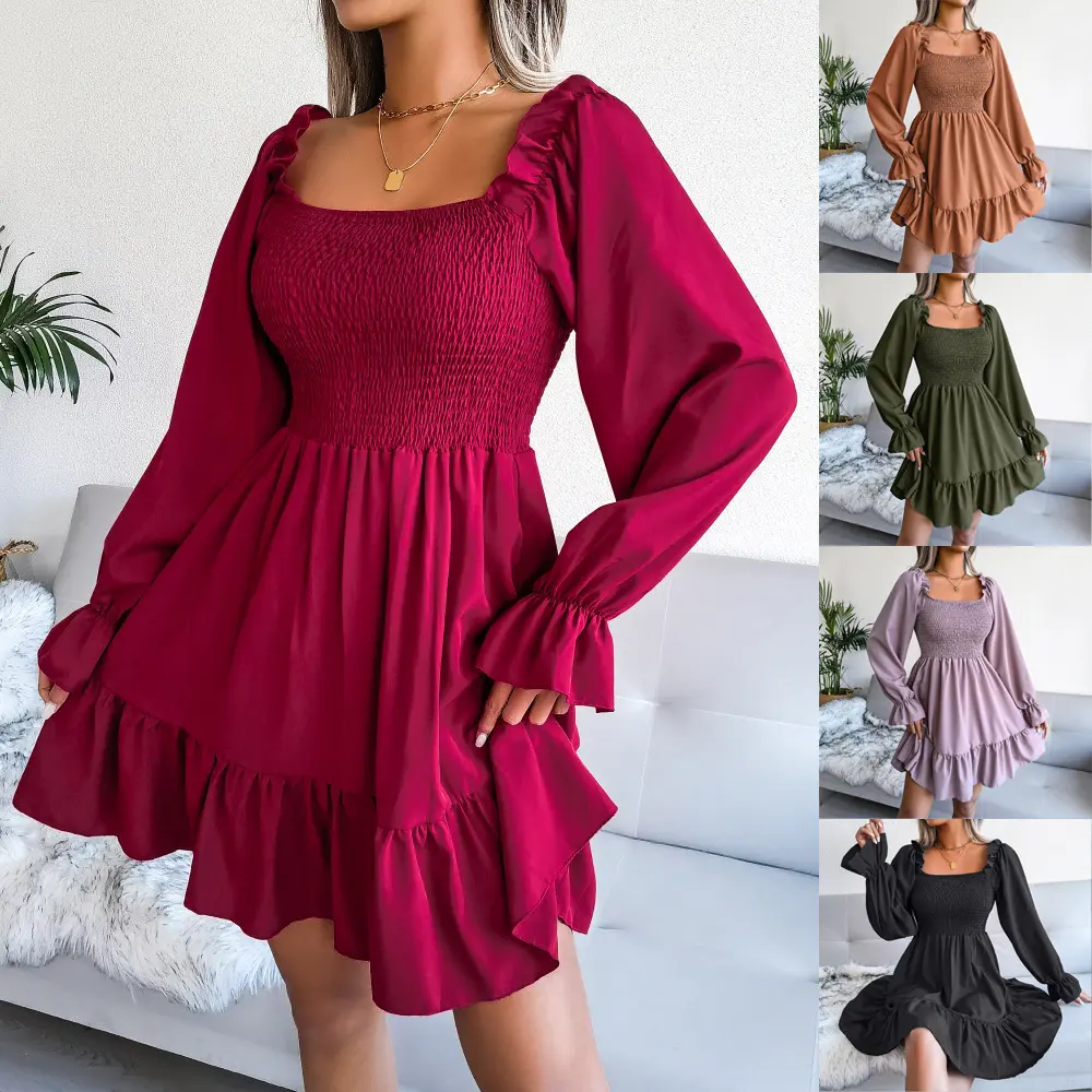 Flared Long Sleeve Dresses Women Square Neck Ruffled Swing