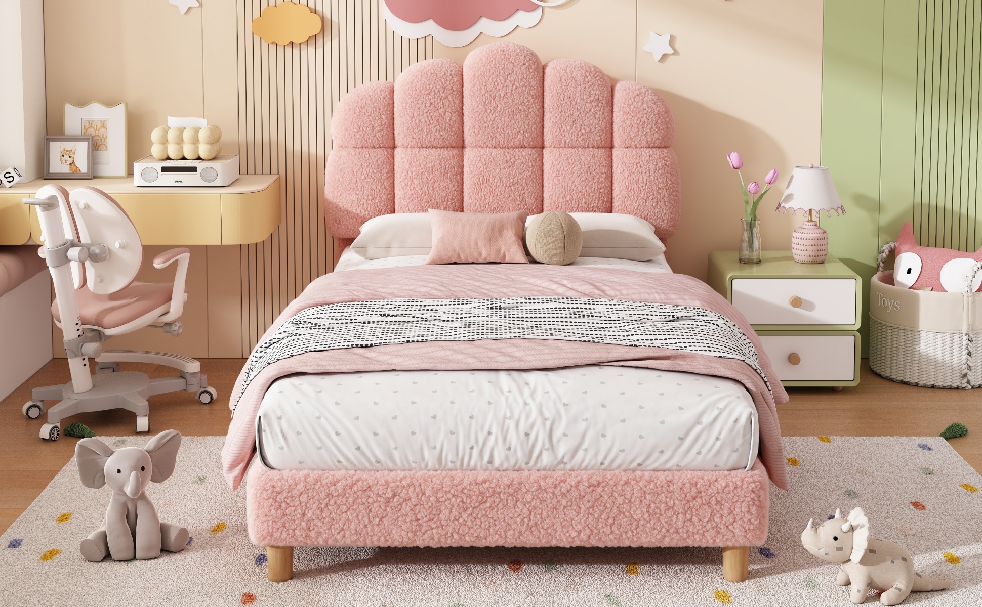 3ft Single Boucle Upholstered Bed Frame With Cloud Shaped Headboard, Adjustable Headboard & Solid Wood Legs, Sturdy Supp