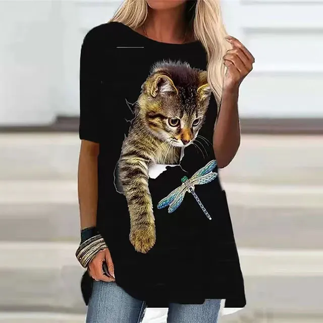 Fashion Women's Short Sleeve Digital Printing Black Cat Catches Dragonfly - Shop at LoveMi