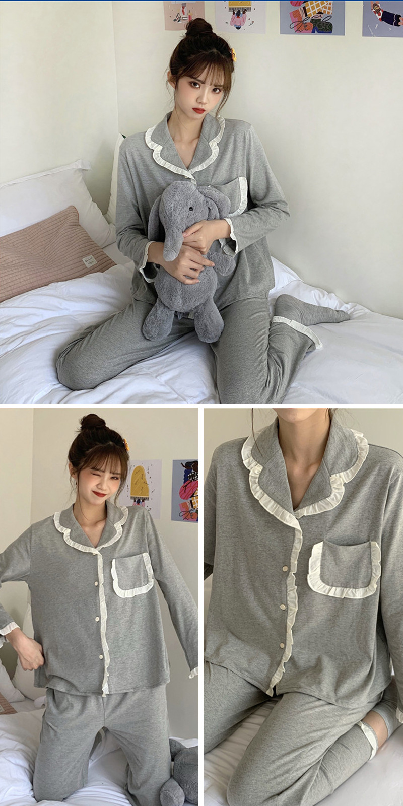 بيجاما نسائية بأكمام طويلة وتصميم دانتيل لفصلي الربيع والخريف من القطن