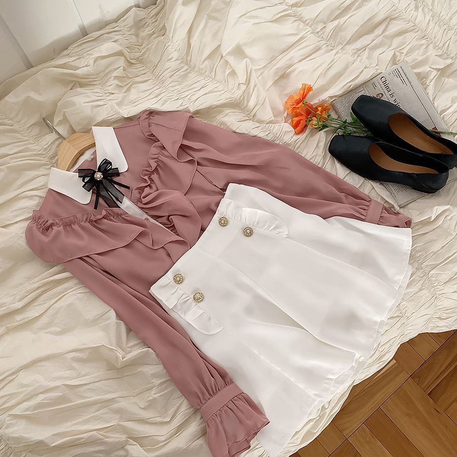 Title 4, Bowknot Solid Color Ruffled Long-sleeved Shirt