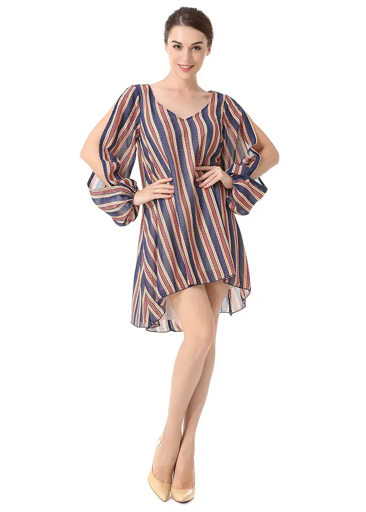 European And American Striped Split V-Neck Long-Sleeved Large Hem Jumpsuit