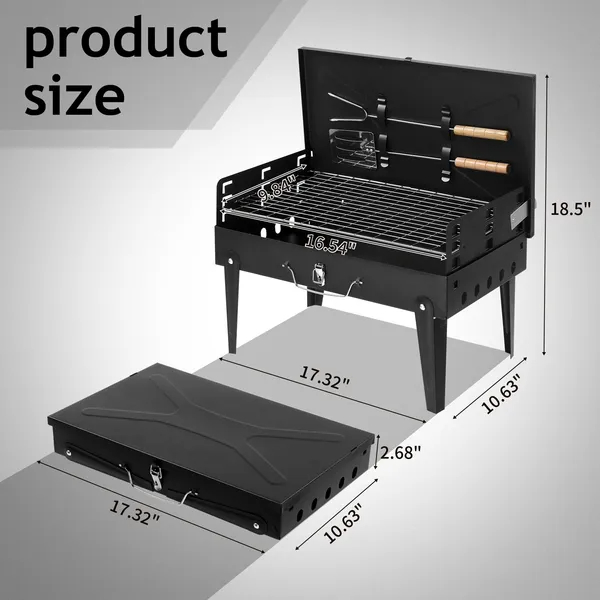Barbecue Grill Outdoor Portable Charcoal Grill Collapsible Iron Square Charcoal Grill 17.32x10.63x8.66 Inch Black