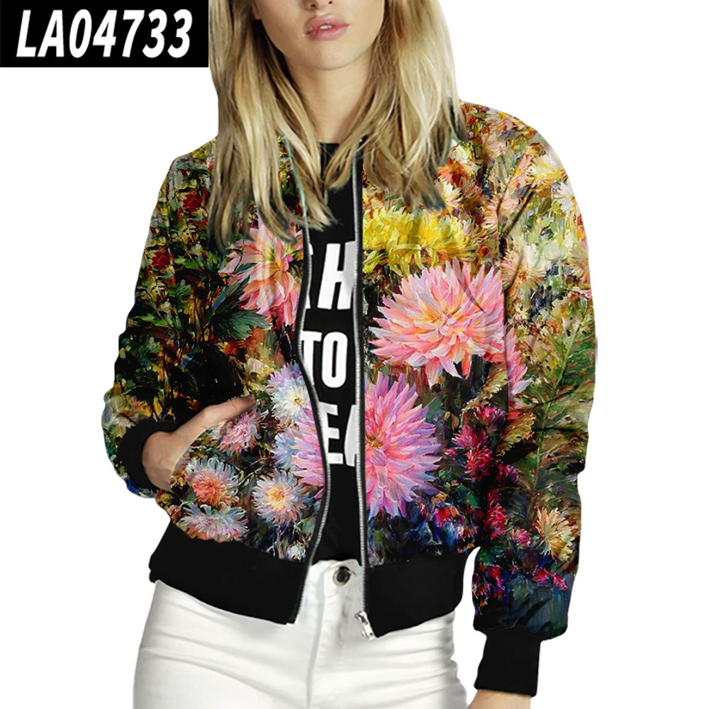 Women Stand Up Collar Baseball Uniform Floral Pattern