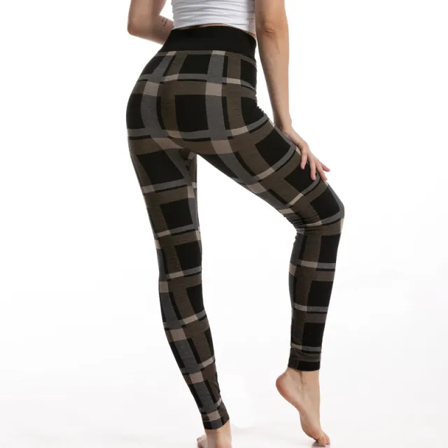 Women's High Elastic Goddess Plaid Jacquard Leggings Yellow - Shop at LoveMi