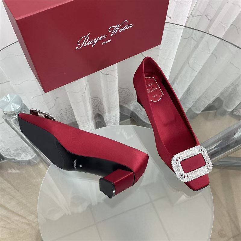 2026 Spring & Summer Flat Satin Rhinestone Square Buckle Pumps, Women Square Toe Shallow High Heel Shoes With Block Horseshoe Heel For Commute