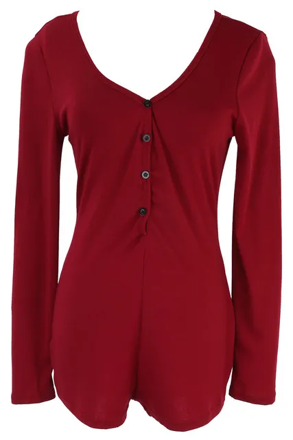 Women Sexy V Neck Cotton Bodysuit Long Sleeve Autumn Red - Shop at LoveMi