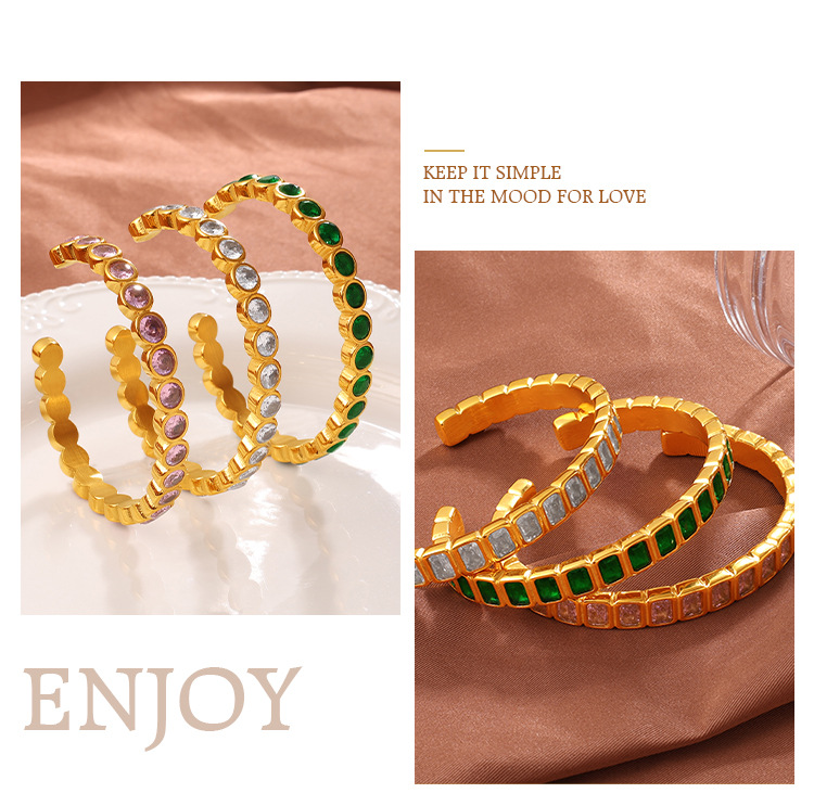 Light Luxury Vintage Style Open Bracelet With Multi-color Zircon, Stainless Steel, Stackable And Versatile C-shaped Bracelet.