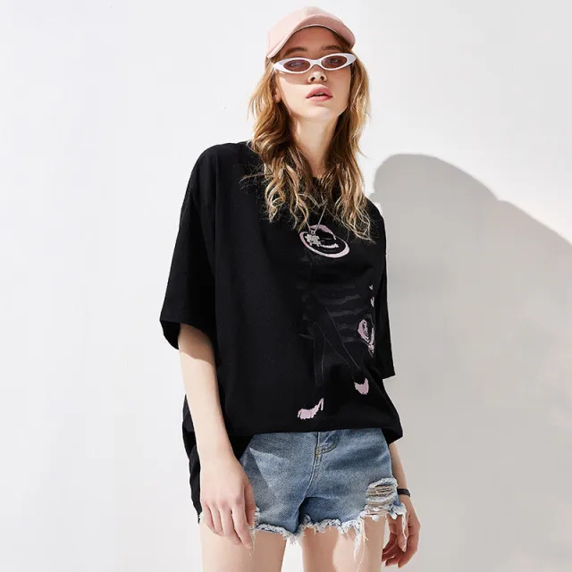 Short Sleeve Character Print Loose Fit Cotton Black - Shop at LoveMi