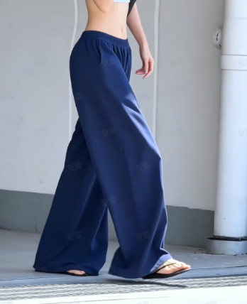 Navy Blue Elastic Waistband With A Sense Of Sagging, Wide Leg Casual Pants