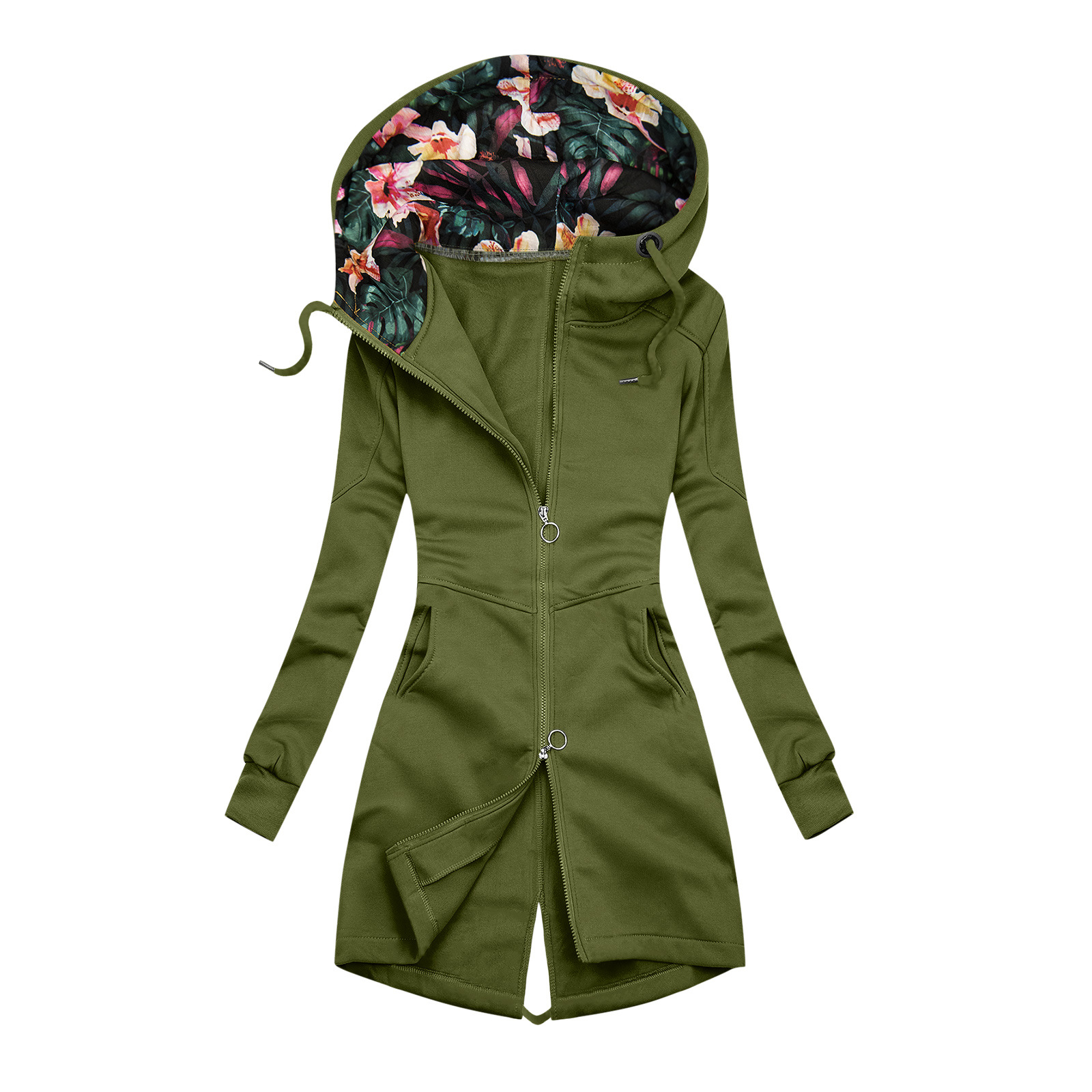 Solid Color Sweatshirt Ladies Long Sleeve Hooded Zipper Cardigan Casual Jacket Green - Shop at LoveMi