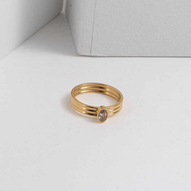 Oval Zircon Ring With Titanium Steel Plating