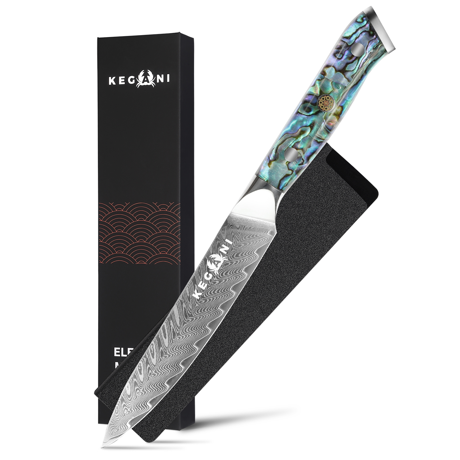 Kegani Damascus Kitchen Utility Knife, 5 Inch Paring Knife With Sheath 67 Layers VG-10 Core Petty Knife, Resin Handle Real Shell Filled Full Tang Handle Fruit And Vegetable Knives