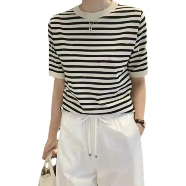 Women's Cool Loose Round Neck Ice Silk Knitted Sweater Black And White Stripes - Shop at LoveMi