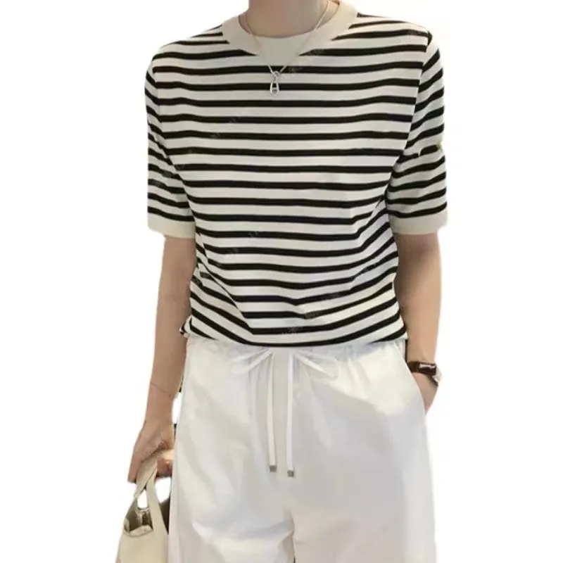 Women's Cool Loose Round Neck Ice Silk Knitted Sweater - Black And White Stripes