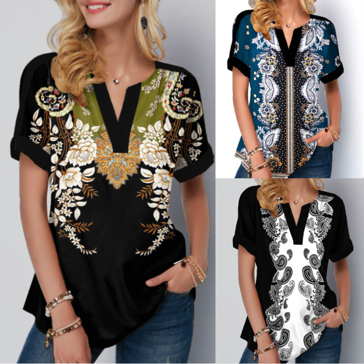 Place Print Split Neck Black Shirt T Shirt