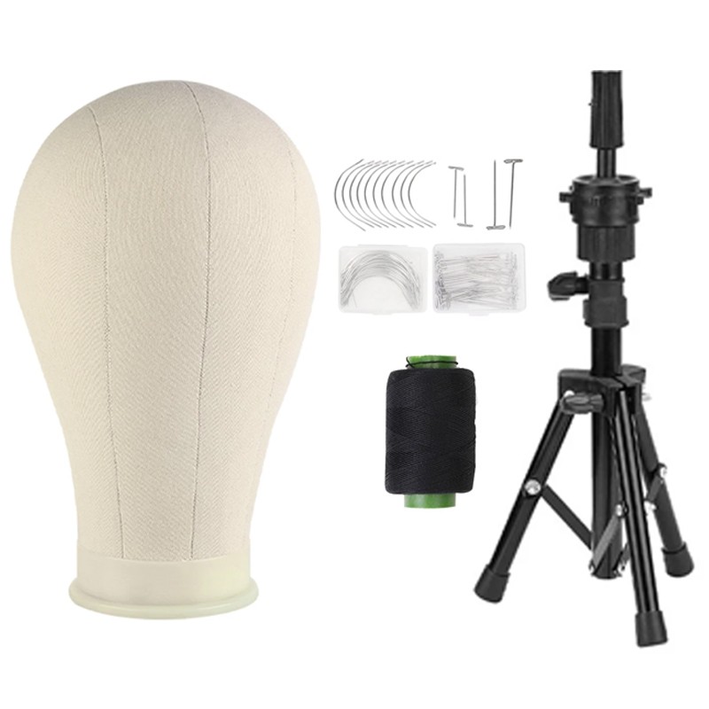 22'' Canvas Block Mannequin Head For Wig Making Display With Tripod Stand Holder — image 4