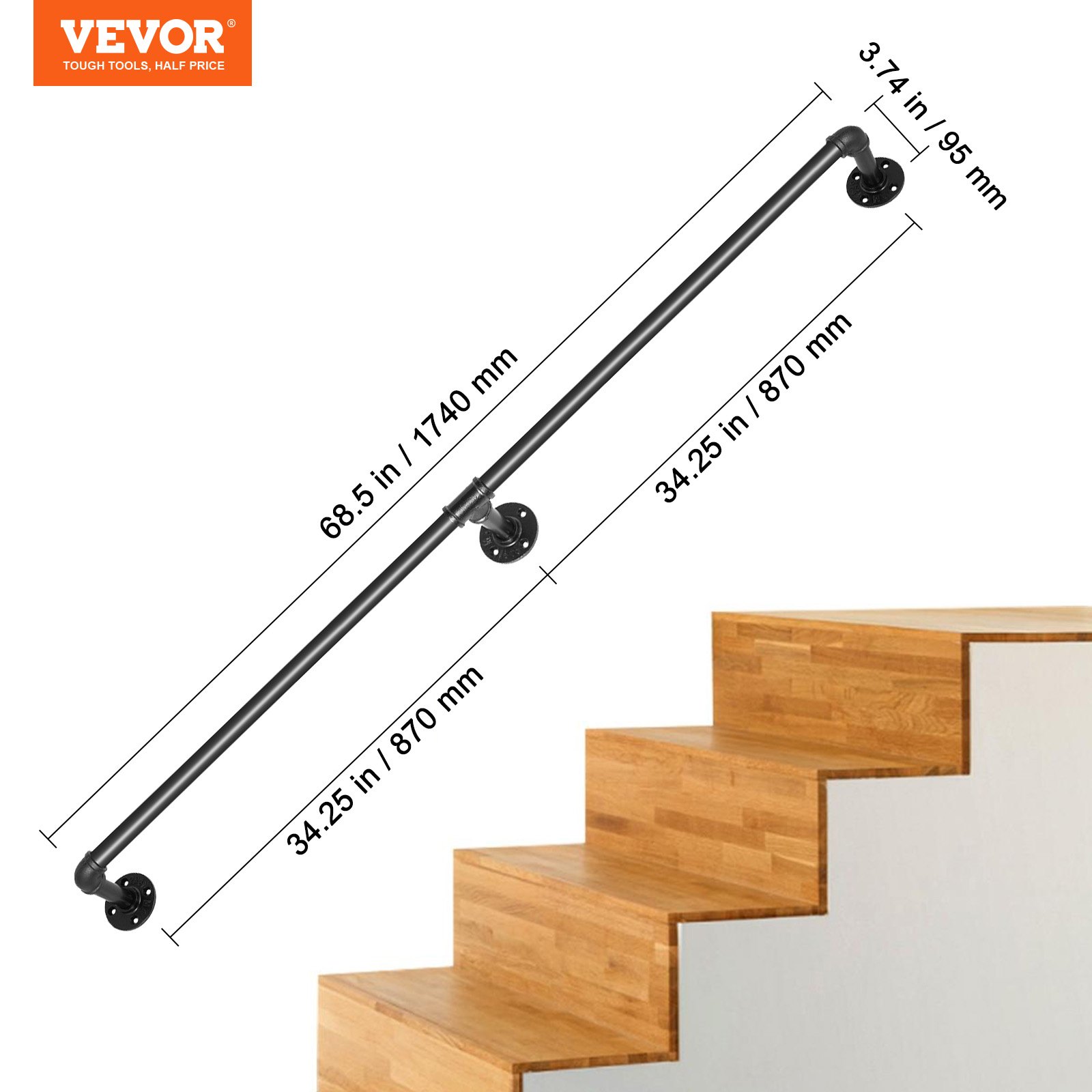 VEVOR Pipe Stair Handrail, 6FT Staircase Handrail, 440LBS Load Capacity Carbon Steel Pipe Handrail, Industrial Pipe Handrail With Wall Mount Support, Round Corner Wall Handrailings For Indoor, Outdoor image 4