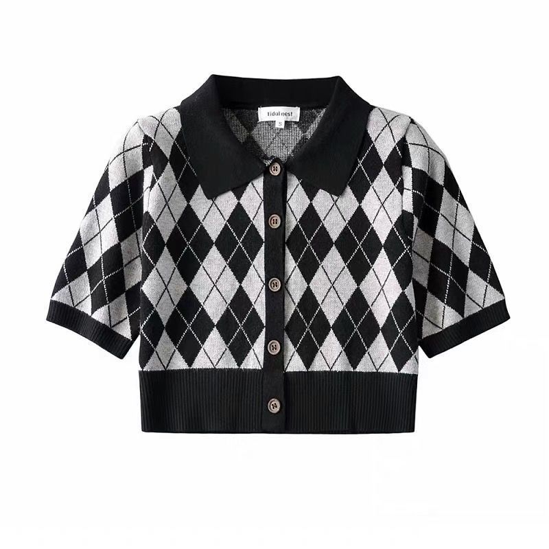 Title 2, Retro Check Color Blocking Lapel Short Knit Swe...