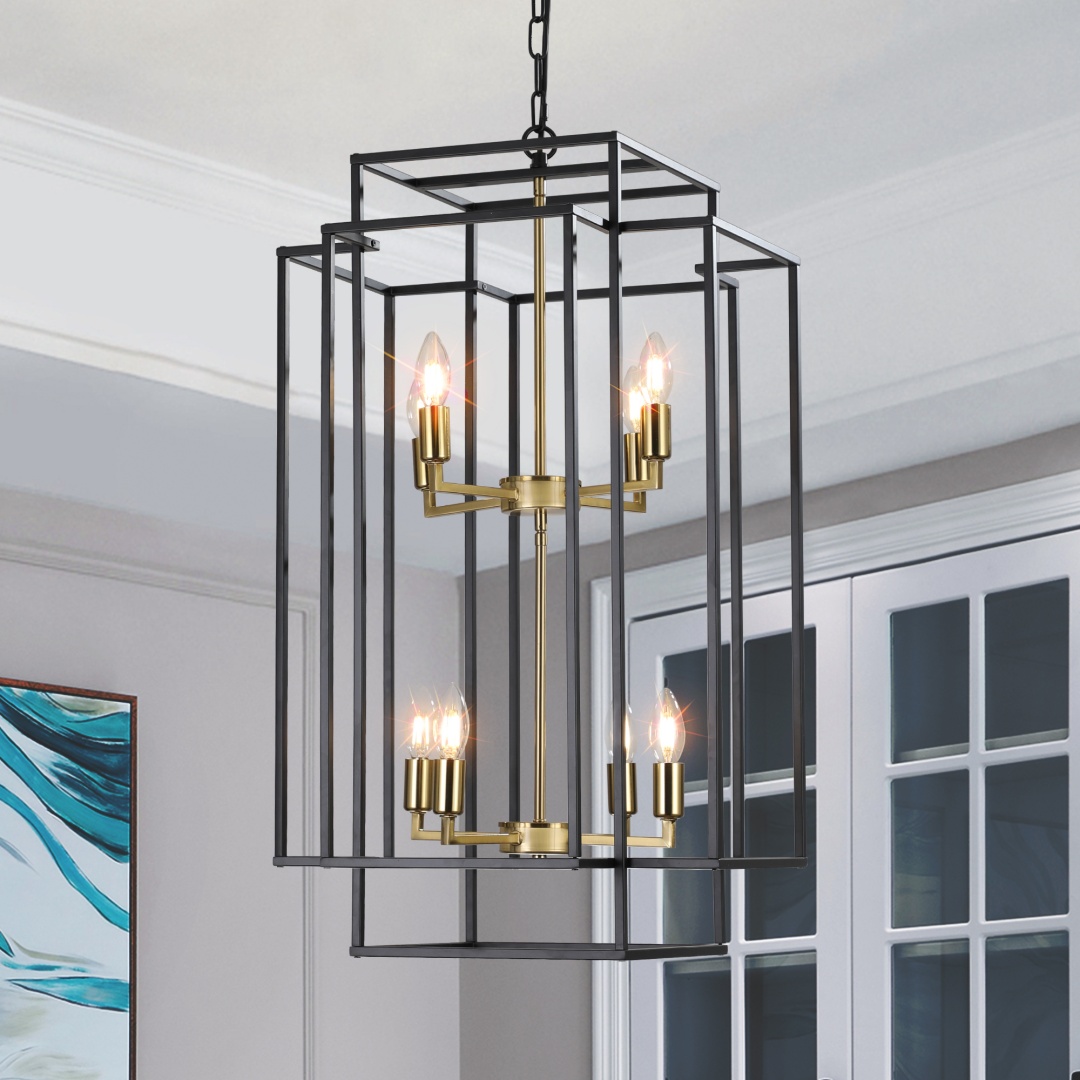 18  Modern 8-Light Black Gold Geometric Pendant Chandelier, Industrial Metal Frame, Adjustable Hanging Light For Living Room, Dining Room, Kitchen -No Bulbs